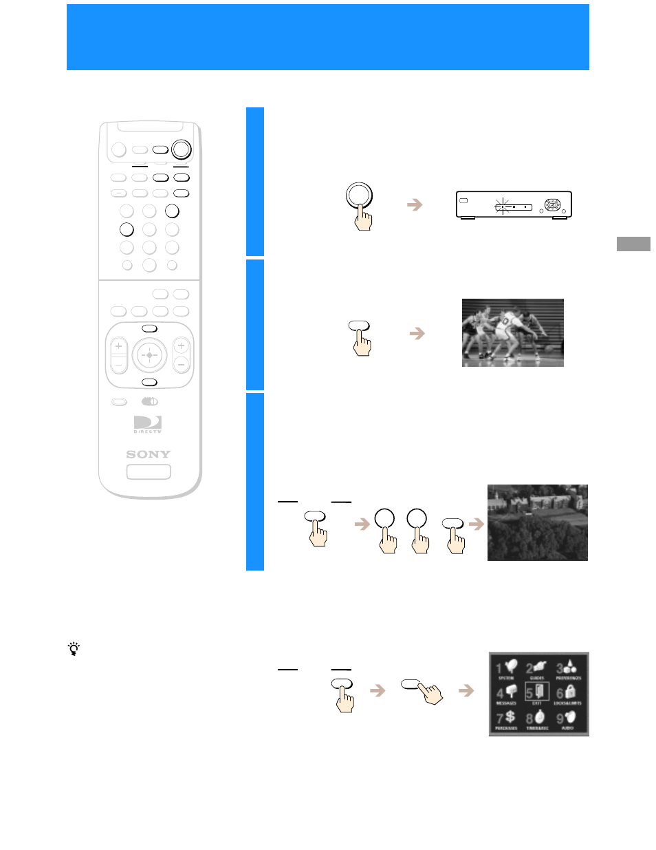 Turning on the power, Press the tv button to turn on the tv | Sony SAT-B50 User Manual | Page 19 / 80