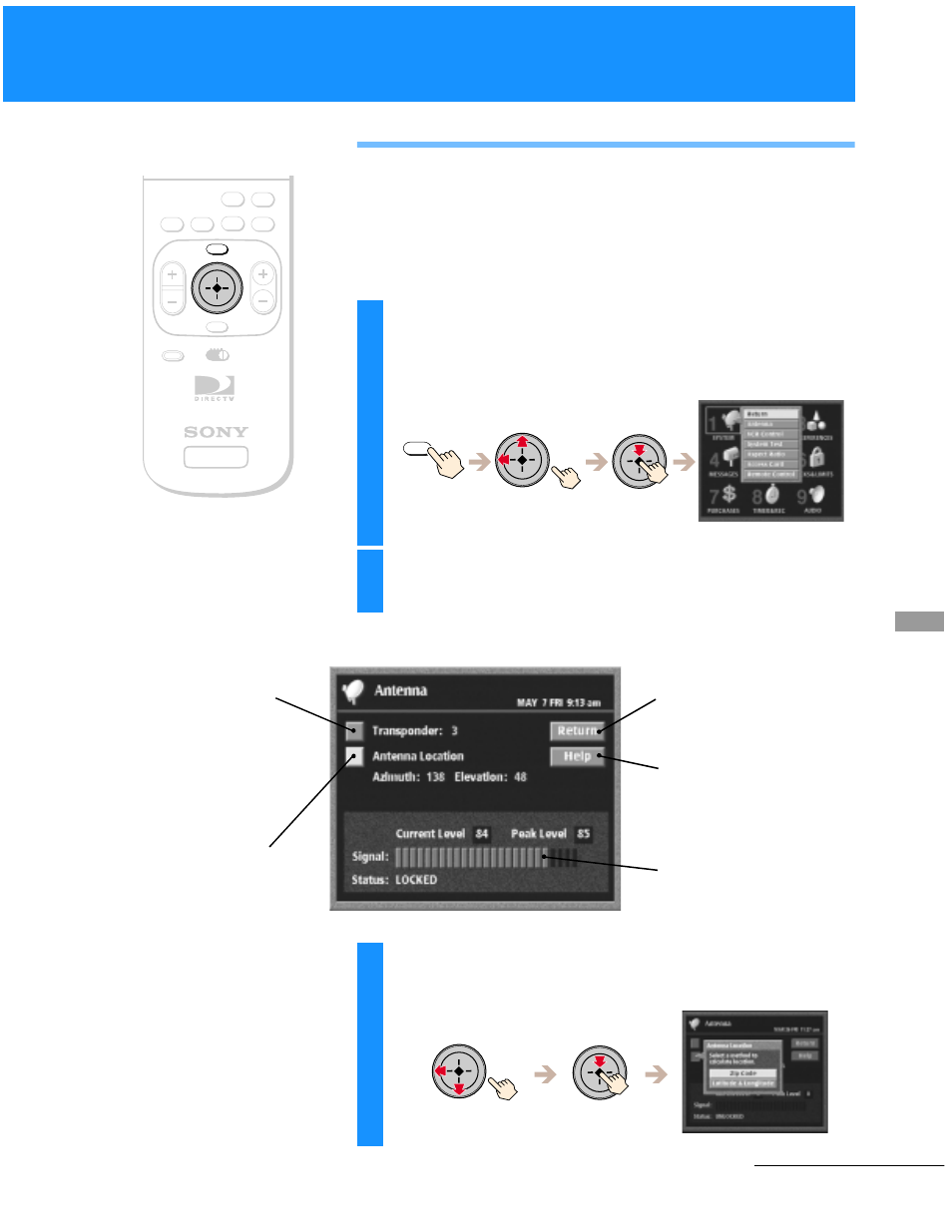 Setting up the satellite dish antenna, Highlight and select “antenna, Highlight and select “antenna location | Sony SAT-B50 User Manual | Page 23 / 80
