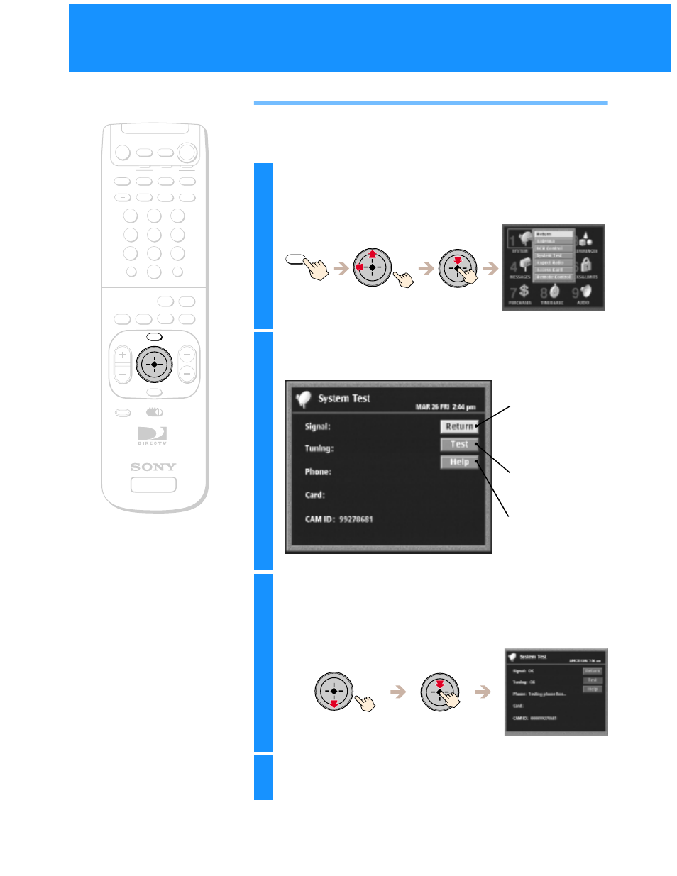 Performing a system test, Highlight and select “system test, Highlight and select “test | Select “return | Sony SAT-B50 User Manual | Page 28 / 80