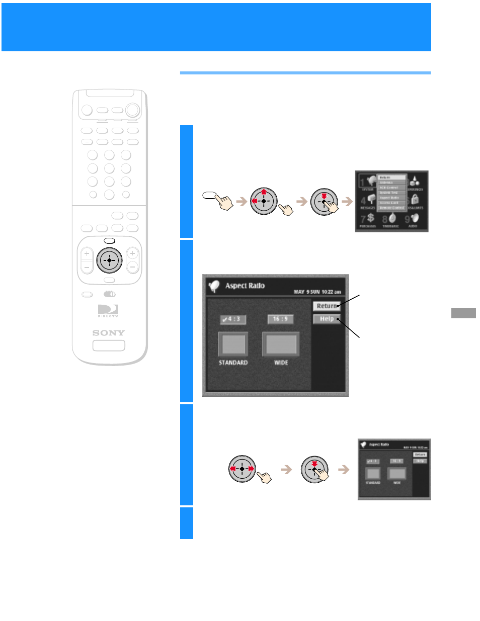 Setting the aspect ratio, Highlight and select “aspect ratio, Highlight and select the aspect ratio of your tv | Select “return | Sony SAT-B50 User Manual | Page 29 / 80