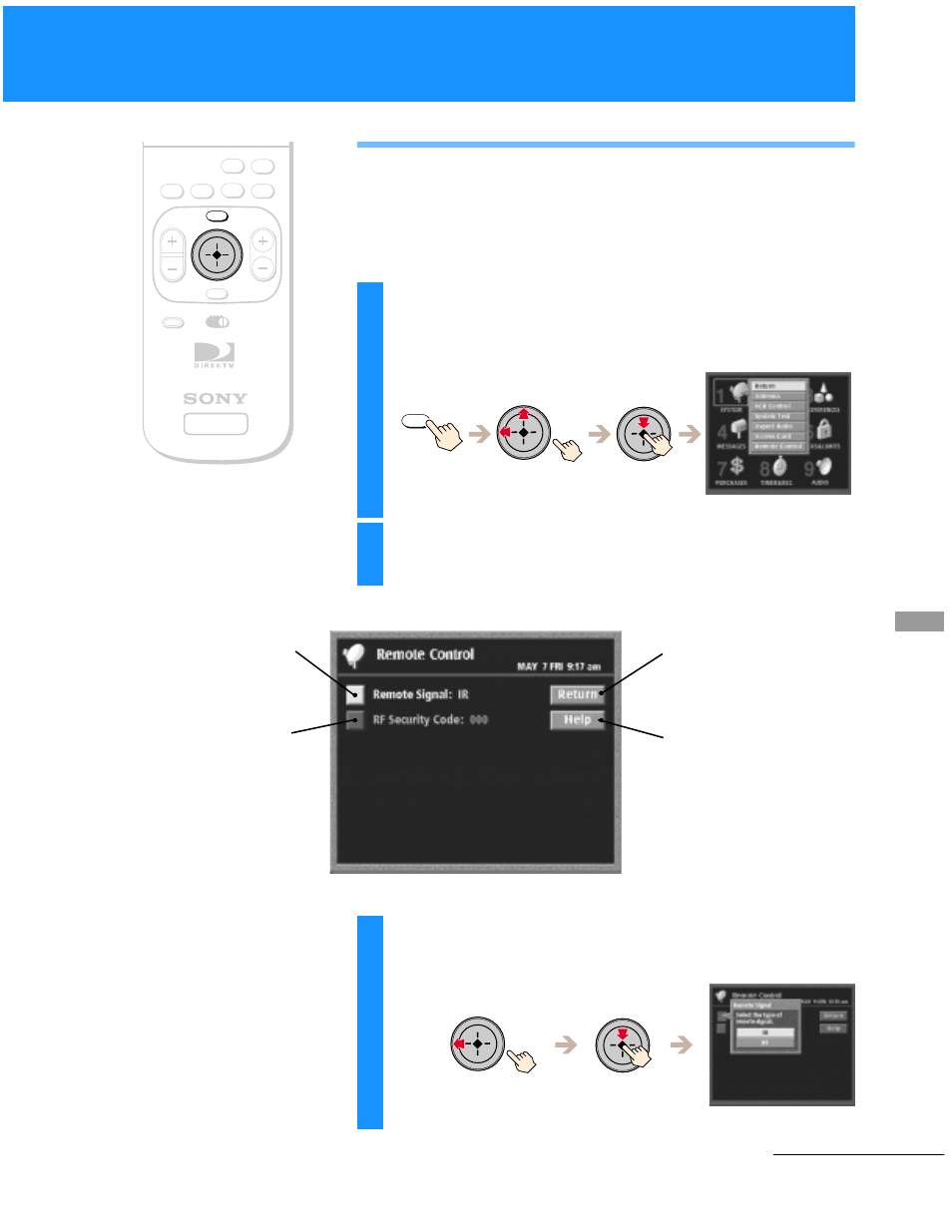 Selecting rf or ir remote control reception, Sat-a50 only), Highlight and select “remote control | Highlight and select “remote signal | Sony SAT-B50 User Manual | Page 31 / 80