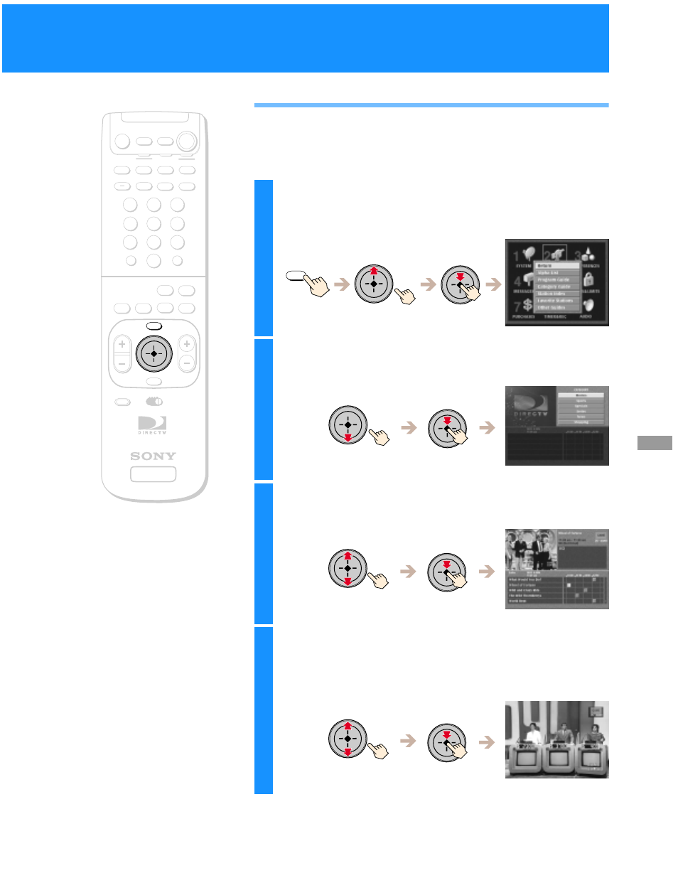 Using the alpha list, Highlight and select “alpha list, Highlight and select a category | Highlight and select a program | Sony SAT-B50 User Manual | Page 35 / 80