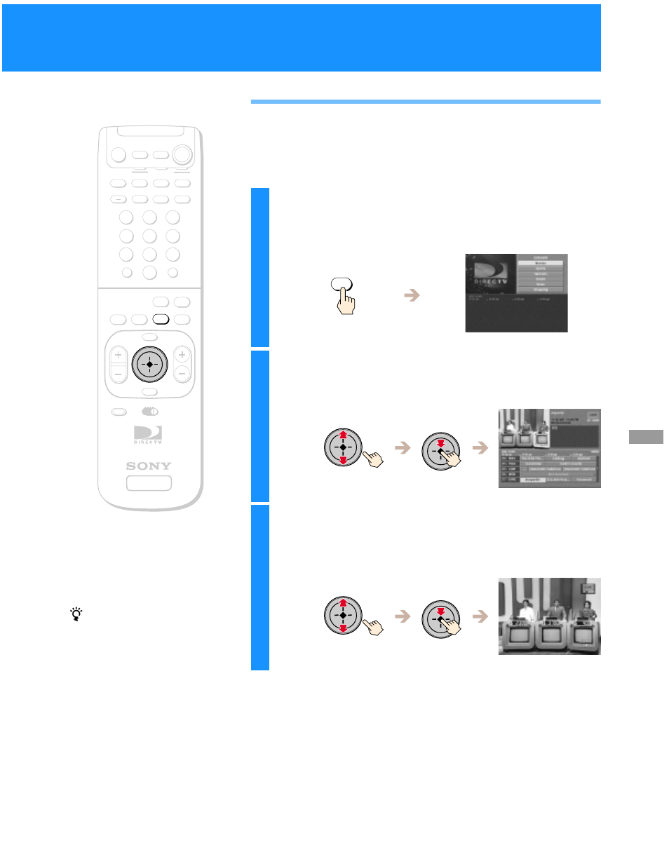 Using the category guide, Press the category button, Highlight and select the category you want | Highlight and select the program you want | Sony SAT-B50 User Manual | Page 37 / 80