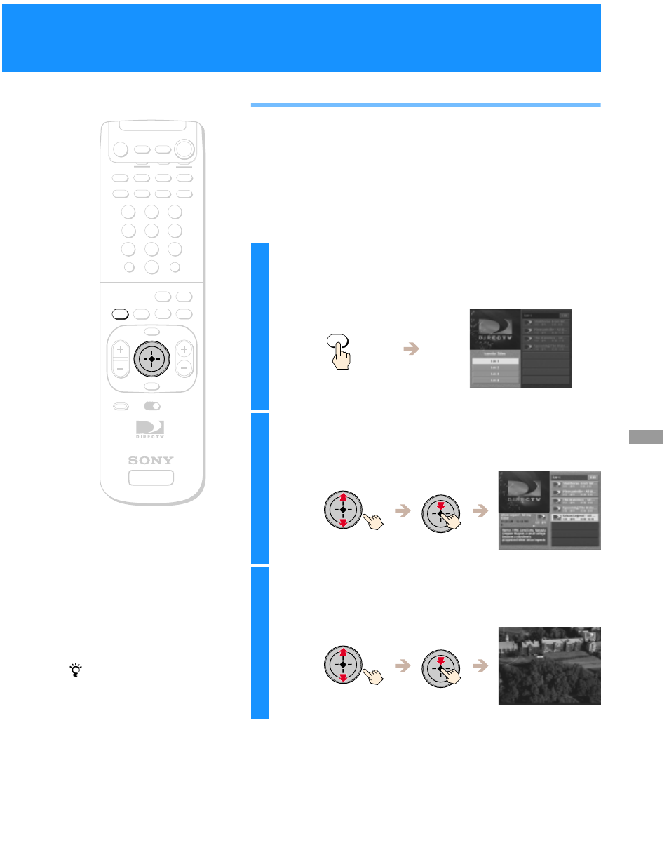 Using the favorite stations guide, Press the favorite button, Highlight and select the favorite title you want | Highlight and select the station you want | Sony SAT-B50 User Manual | Page 39 / 80