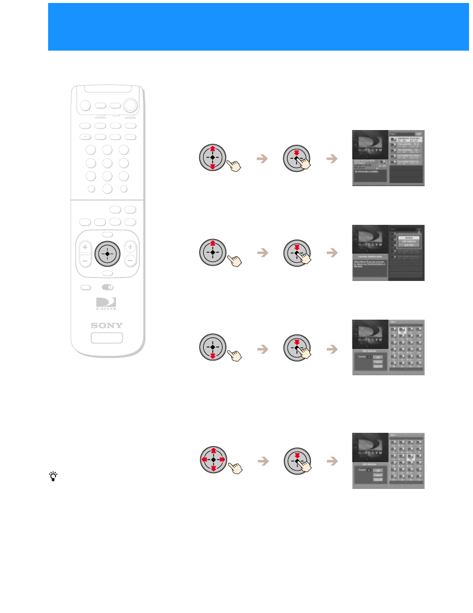 Customizing the favorite stations guide 1, Highlight and select “edit, Highlight and select “edit stations | Highlight and select a station in the index | Sony SAT-B50 User Manual | Page 40 / 80