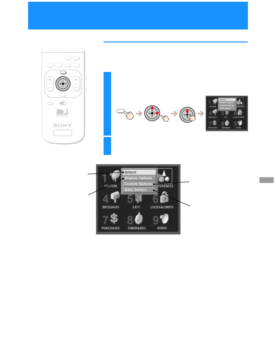 Adjusting the displays (preferences), Using the preferences menu, Adjusting the displays | Preferences), Highlight and select the item you want to adjust | Sony SAT-B50 User Manual | Page 45 / 80