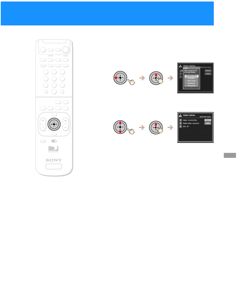 Changing the color scheme 1, Highlight and select the color scheme you like, Usin g th e on -s creen d ispla y s | The colors pop-up appears | Sony SAT-B50 User Manual | Page 47 / 80