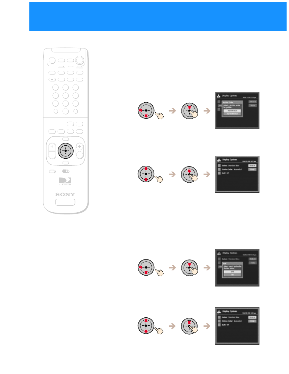 Adjusting the displays (preferences) (continued), Changing the station order, Changing the surf setting | Highlight and select the order you like, Highlight and select “on” or “off | Sony SAT-B50 User Manual | Page 48 / 80
