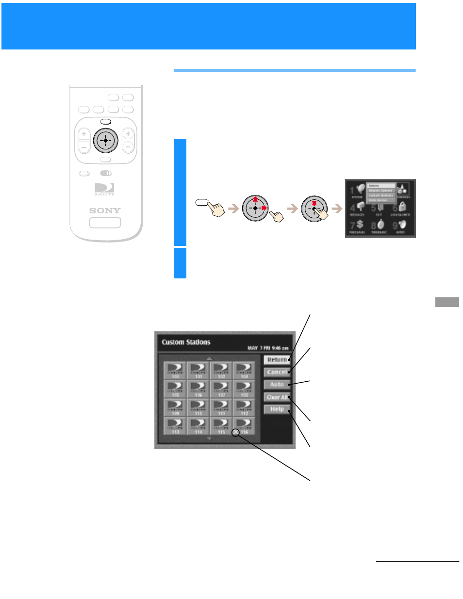 Setting up custom stations, Highlight and select “custom stations, Continued | Sony SAT-B50 User Manual | Page 49 / 80