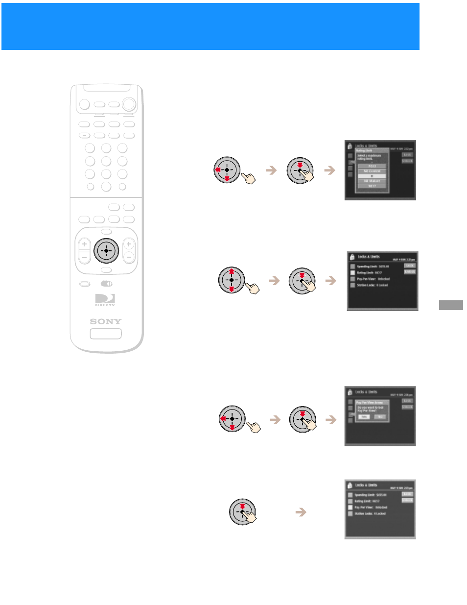 Changing the rating limit, Changing the pay per view lock setting | Sony SAT-B50 User Manual | Page 55 / 80