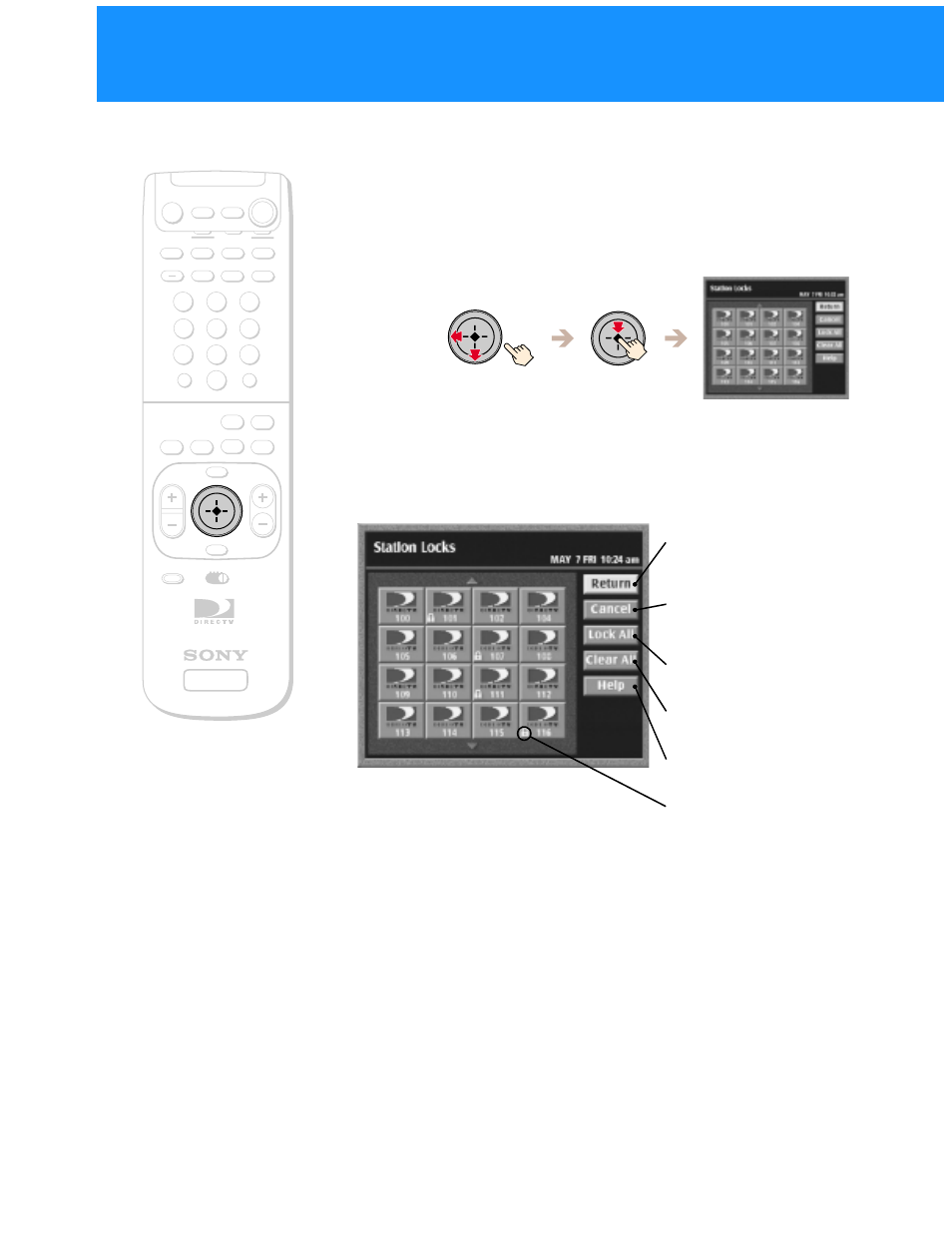 Changing the station locks settings, The station locks display appears | Sony SAT-B50 User Manual | Page 56 / 80