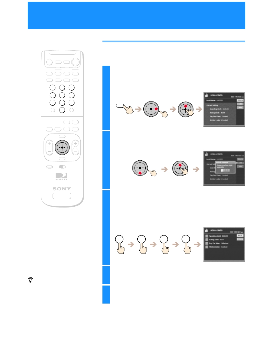Unlocking your receiver, Highlight and select “edit, Highlight and select “unlock | Highlight and select “return | Sony SAT-B50 User Manual | Page 58 / 80