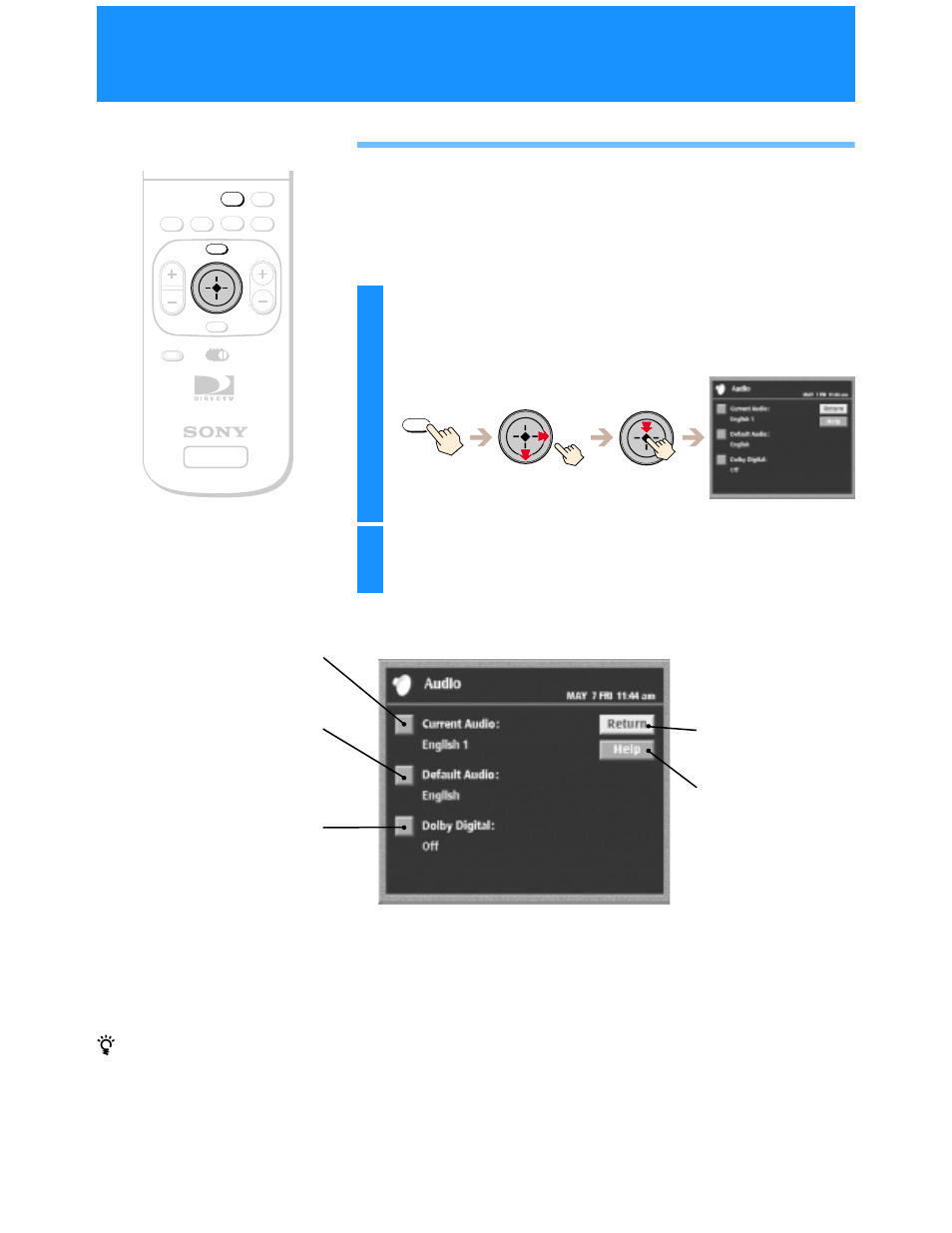 Setting audio options (audio), Using the audio display, Setting audio options | Audio) | Sony SAT-B50 User Manual | Page 64 / 80