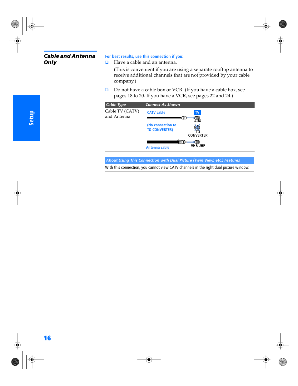 Cable and antenna only | Sony WEGA KV-40XBR800 User Manual | Page 17 / 89