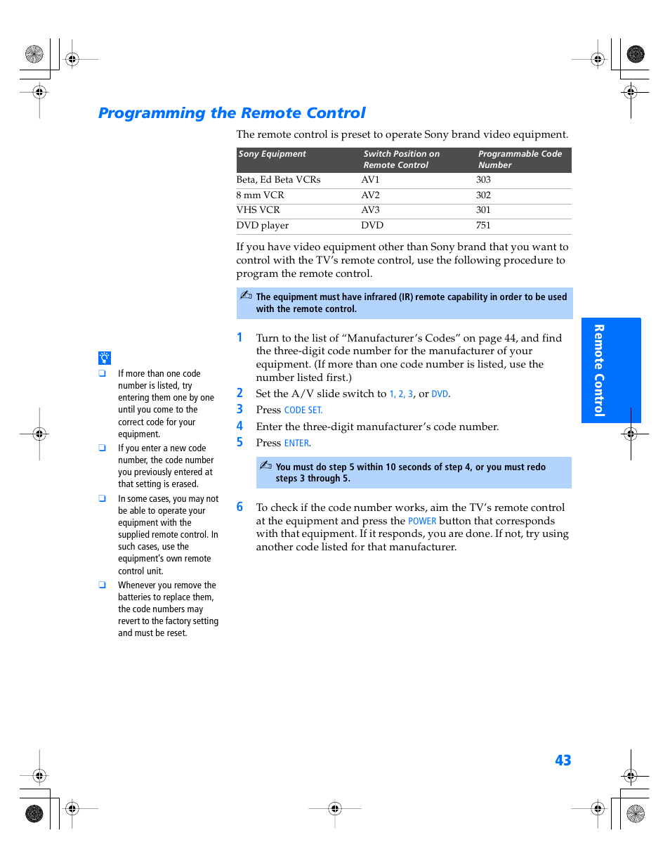 Programming the remote control | Sony WEGA KV-40XBR800 User Manual | Page 44 / 89