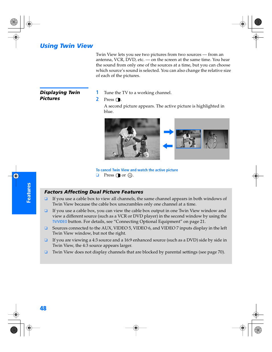 Using twin view, Displaying twin pictures, Factors affecting dual picture features | Sony WEGA KV-40XBR800 User Manual | Page 49 / 89