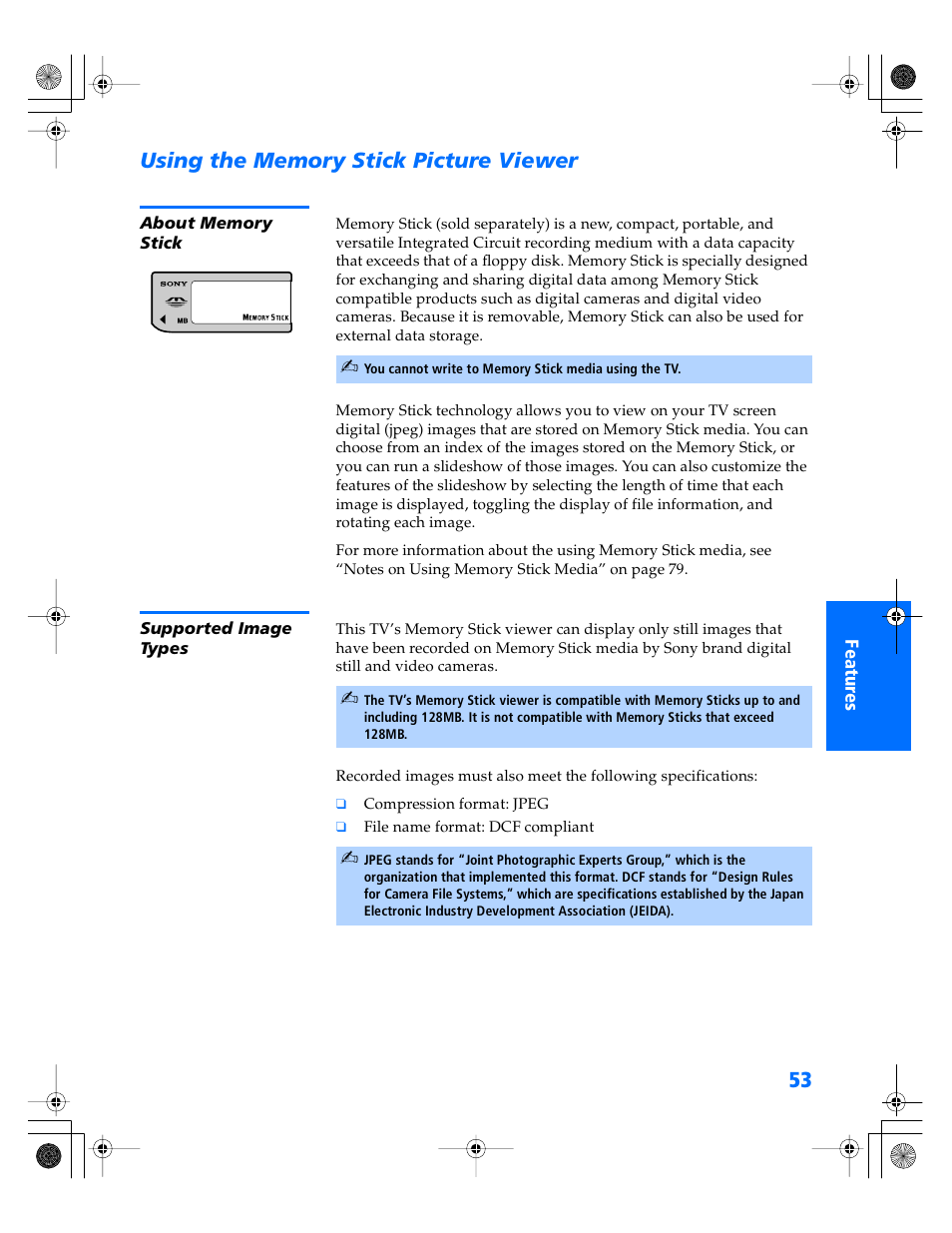 Using the memory stick picture viewer, About memory stick, Supported image types | Sony WEGA KV-40XBR800 User Manual | Page 54 / 89