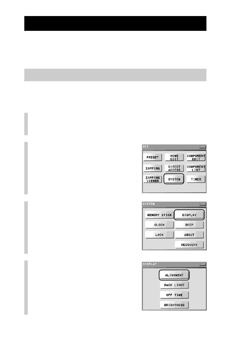 Setting the display window, Calibrating the touch panel display (alignment) | Sony RM-NX7000 User Manual | Page 212 / 252