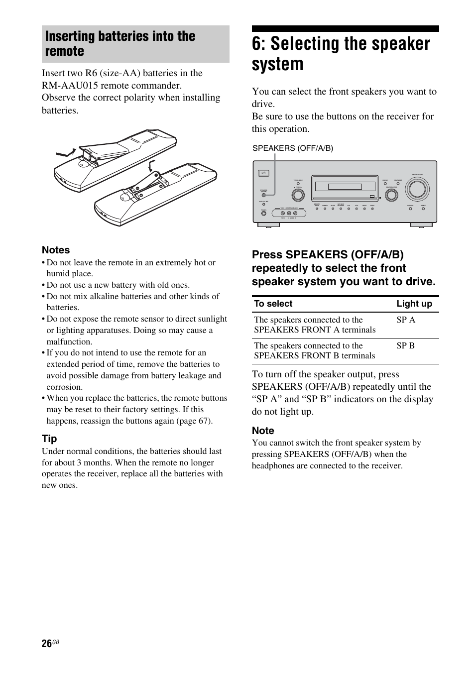 Selecting the speaker system, Inserting batteries into the remote | Sony MULTI CHANNEL AV RECEIVER STR-DG710 User Manual | Page 26 / 80
