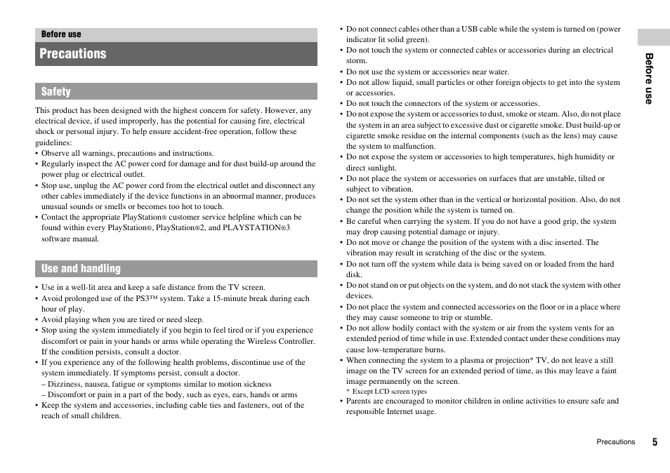 Before use, Precautions, Safety use and handling | Sony Playstation 3 CECHL04 User Manual | Page 5 / 28