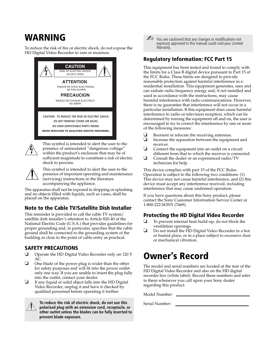 Warning, Owner’s record | Sony DHG-HDD250 User Manual | Page 2 / 104