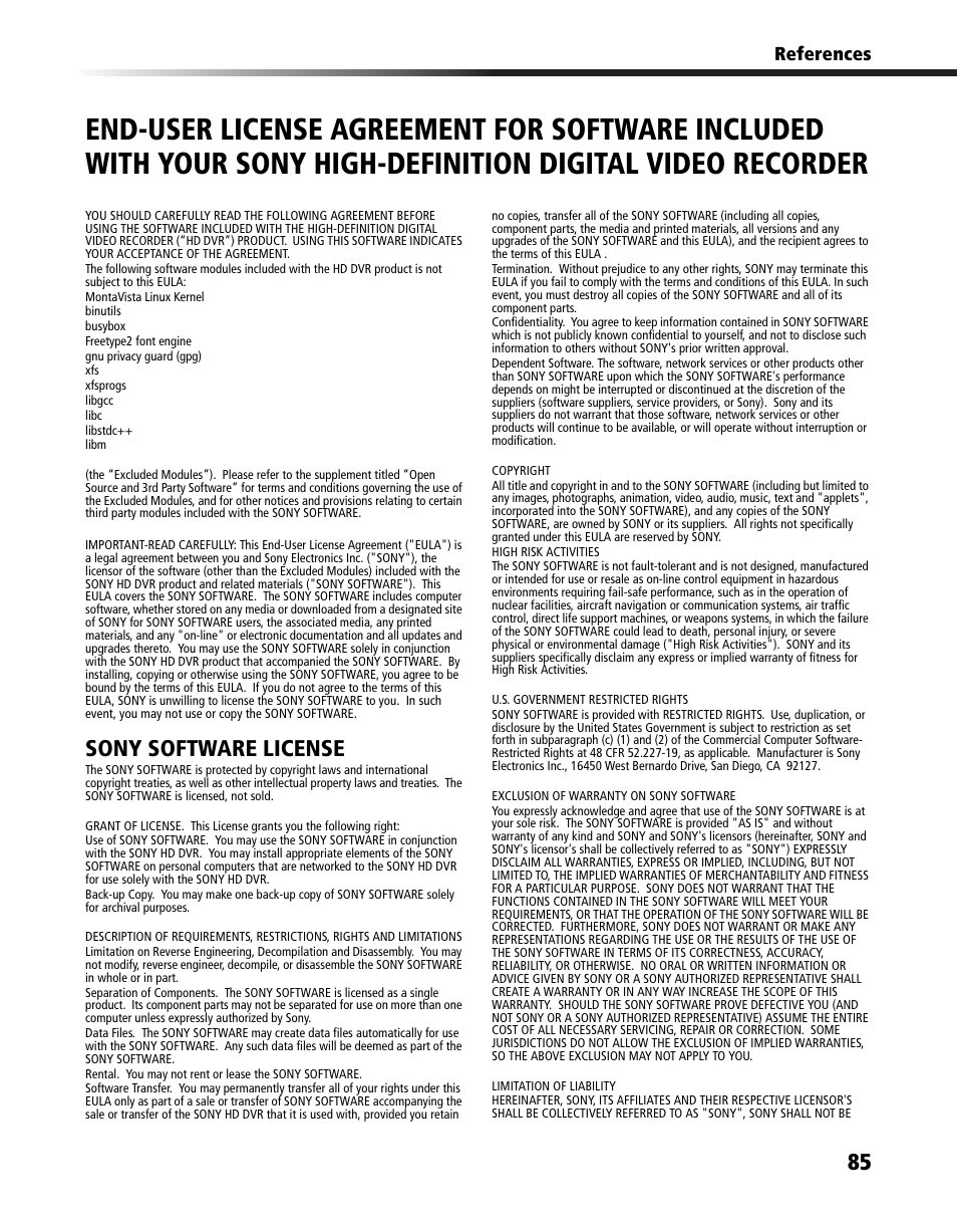 End-user license, Sony software license | Sony DHG-HDD250 User Manual | Page 91 / 104
