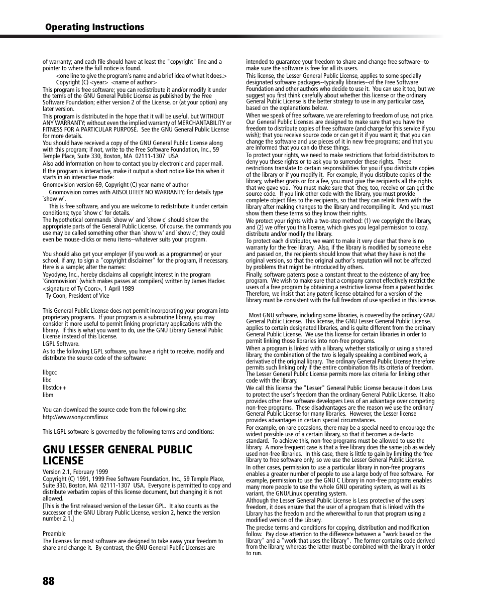 Gnu lesser general public license, Operating instructions | Sony DHG-HDD250 User Manual | Page 94 / 104
