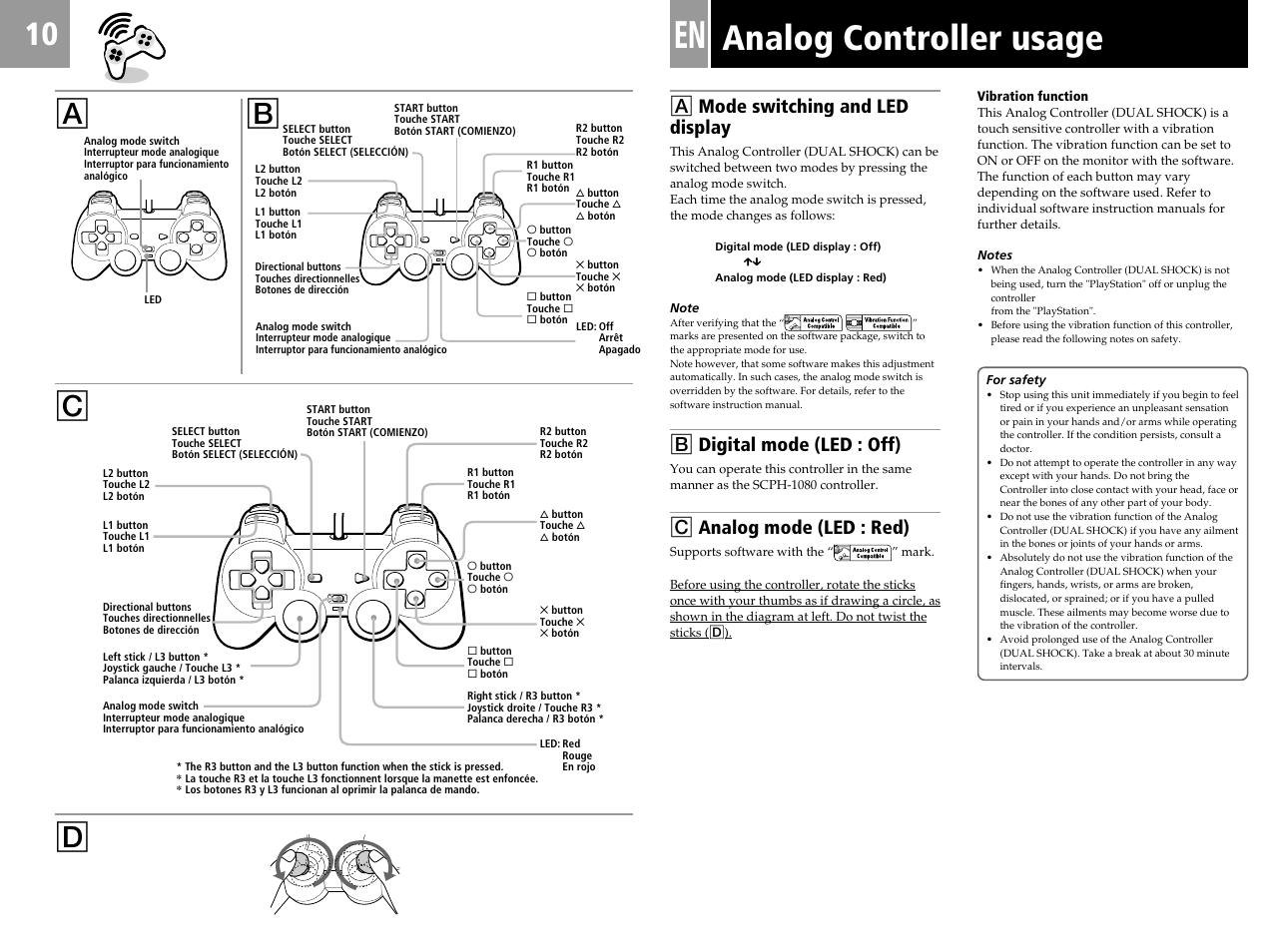 Analog controller usage, Ab c, A mode switching and led display | B digital mode (led : off), C analog mode (led : red) | Sony PlayStation User Manual | Page 10 / 24