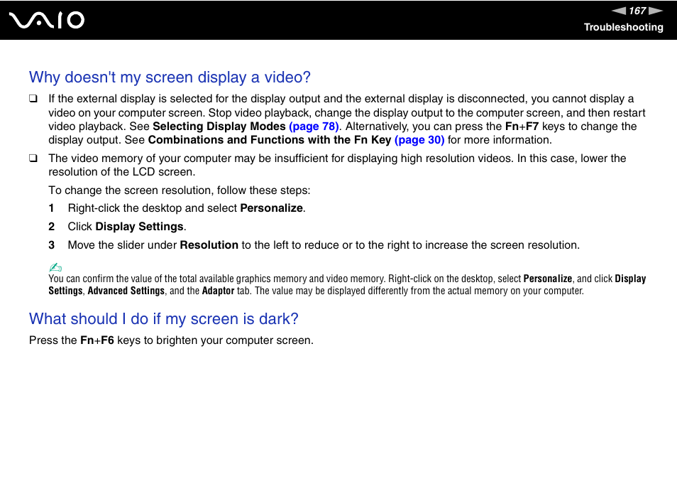 Why doesn't my screen display a video, What should i do if my screen is dark | Sony VAIO VGN-CR User Manual | Page 167 / 197