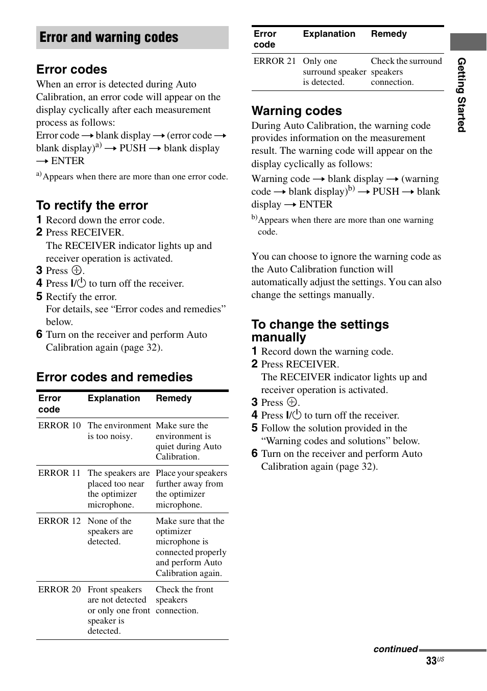 Error and warning codes, Error codes, Error codes and remedies warning codes | Sony HT-DDW990 User Manual | Page 33 / 80