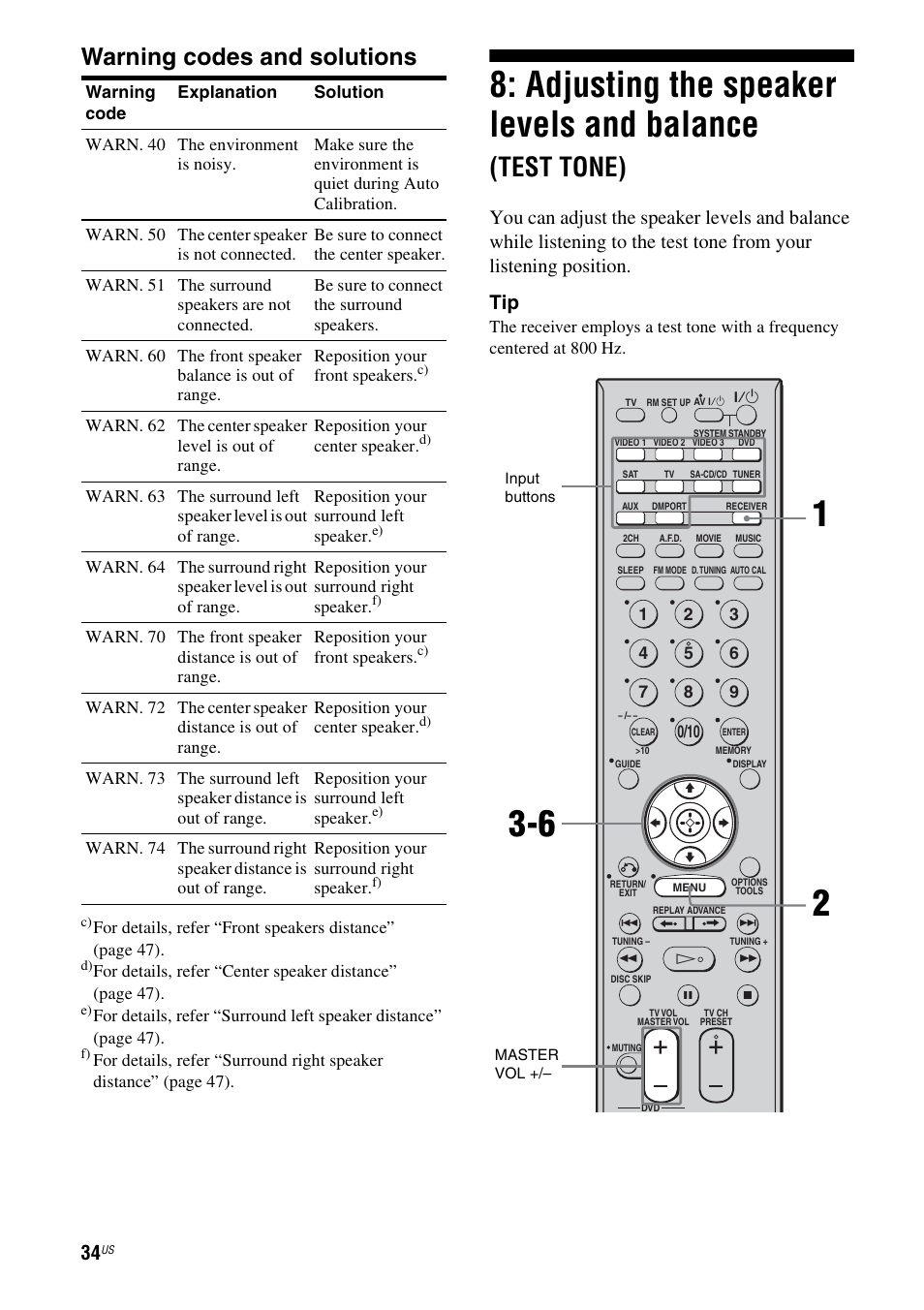 Adjusting the speaker levels and, Balance (test tone), Warning codes and solutions | Adjusting the speaker levels and balance, Test tone) | Sony HT-DDW990 User Manual | Page 34 / 80