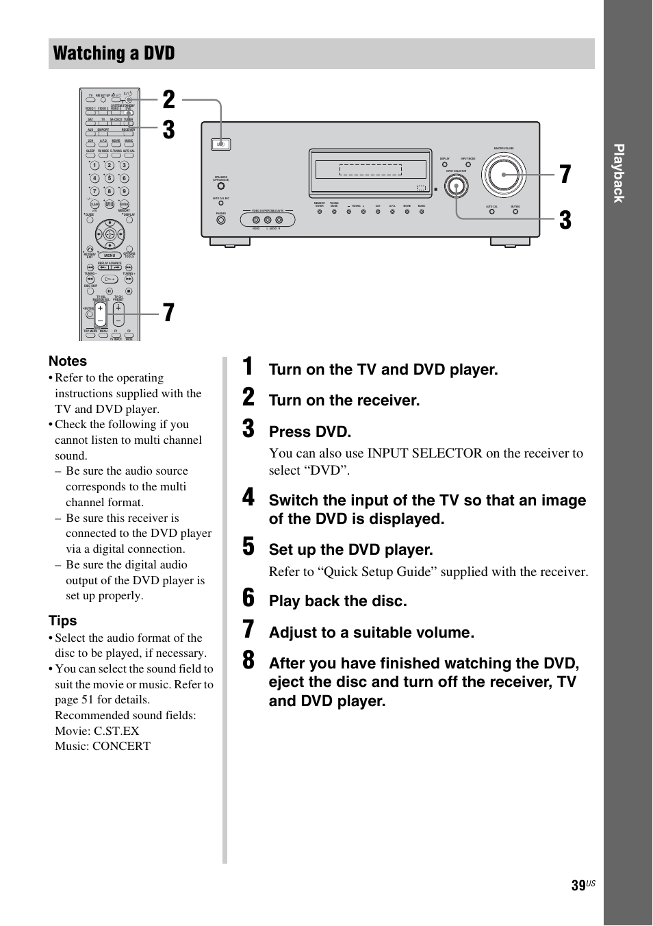 Watching a dvd, Turn on the tv and dvd player, Turn on the receiver | Press dvd, Set up the dvd player, Play back the disc, Adjust to a suitable volume, Play b a ck, Tips | Sony HT-DDW990 User Manual | Page 39 / 80