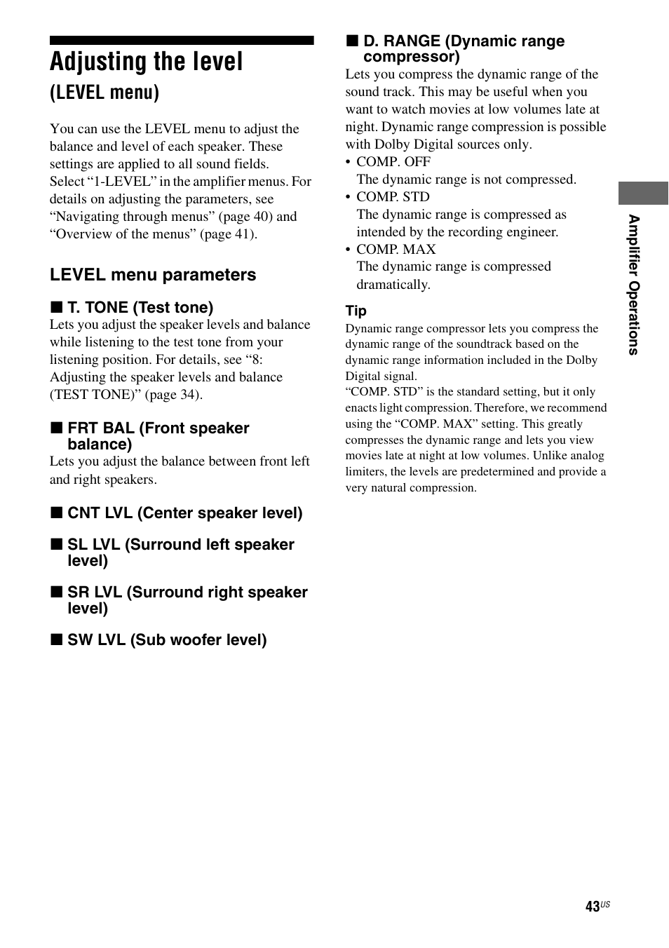 Adjusting the level (level menu), Adjusting the level, Level menu) | Sony HT-DDW990 User Manual | Page 43 / 80