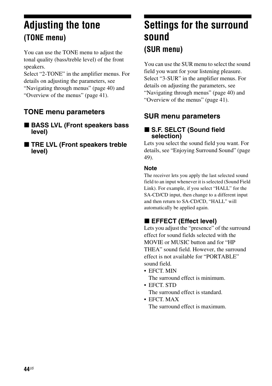 Adjusting the tone (tone menu), Settings for the surround sound (sur menu), Sur menu) | Adjusting the tone, Settings for the surround sound, Tone menu) | Sony HT-DDW990 User Manual | Page 44 / 80