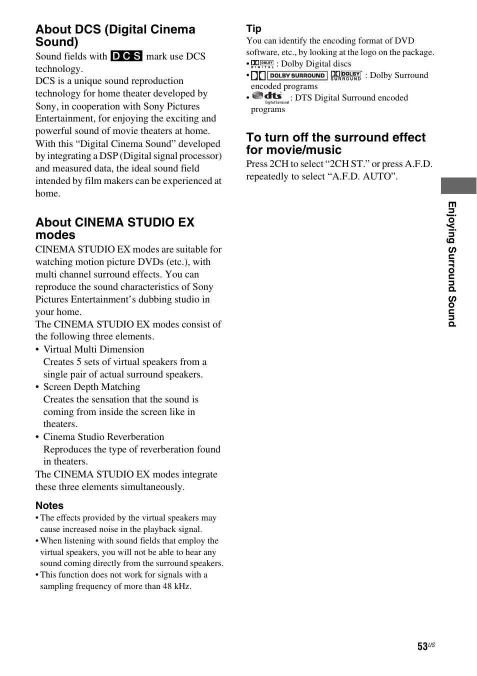 About dcs (digital cinema sound), About cinema studio ex modes | Sony HT-DDW990 User Manual | Page 53 / 80