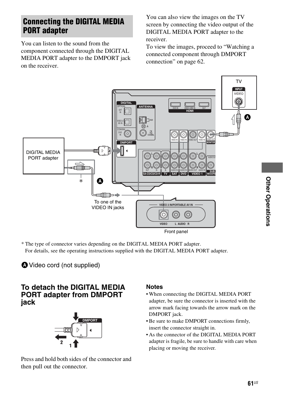 Connecting the digital media port adapter, Avideo cord (not supplied) | Sony HT-DDW990 User Manual | Page 61 / 80