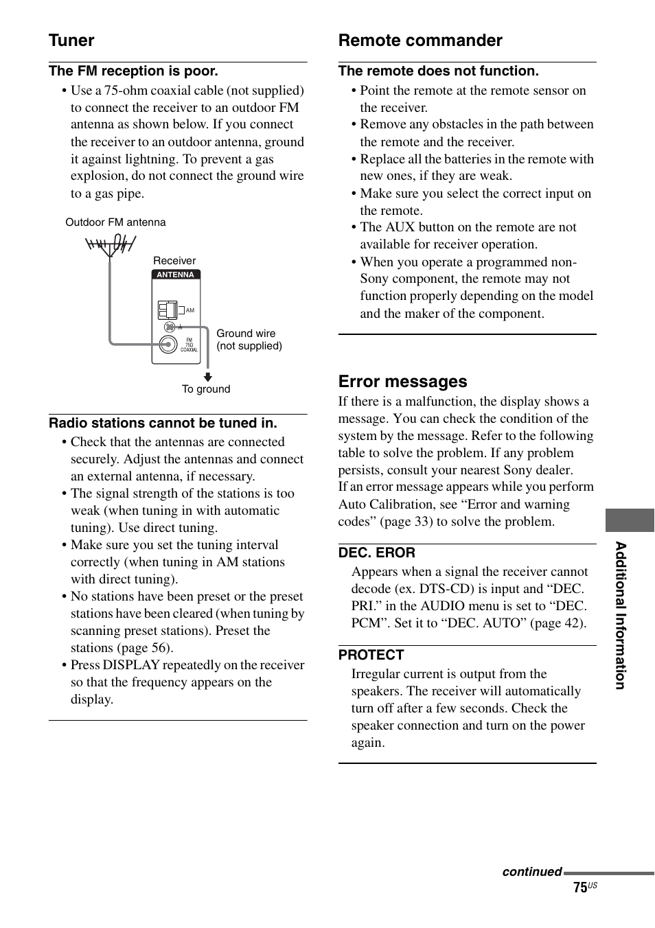 Tuner, Remote commander, Error messages | Sony HT-DDW990 User Manual | Page 75 / 80