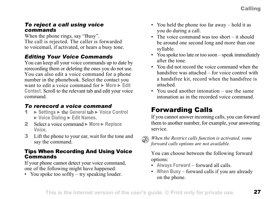27 tips when recording and, Using voice commands, Forwarding calls | Sony K500 User Manual | Page 27 / 93