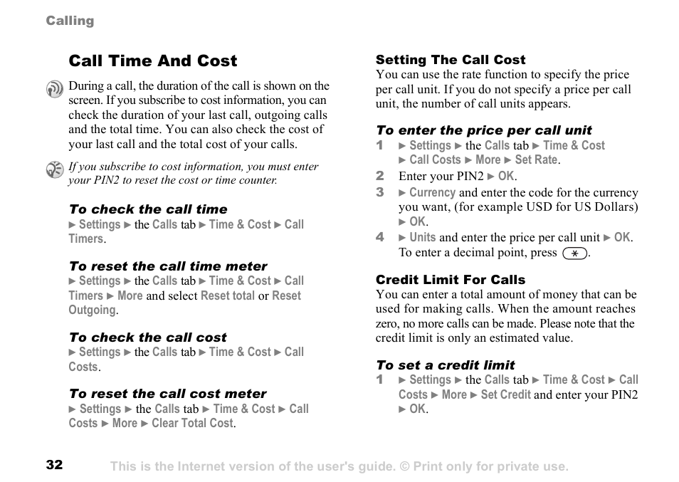 Call time and cost | Sony K500 User Manual | Page 32 / 93