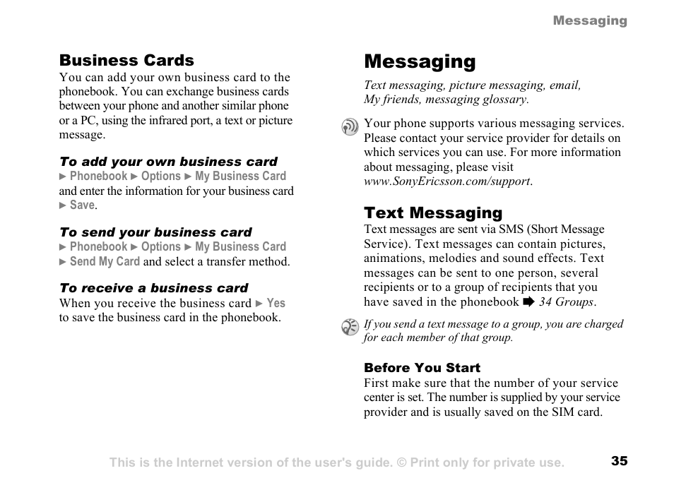 Messaging, Business cards, Text messaging | Sony K500 User Manual | Page 35 / 93