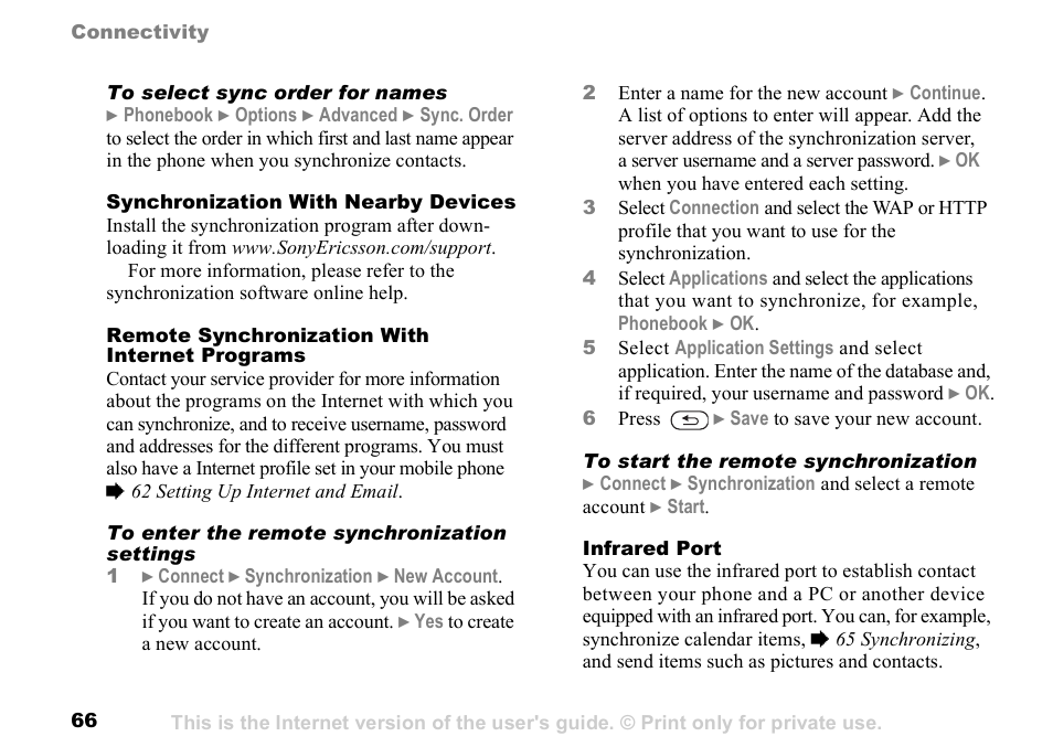 66 to enter the remote, Synchronization settings | Sony K500 User Manual | Page 66 / 93