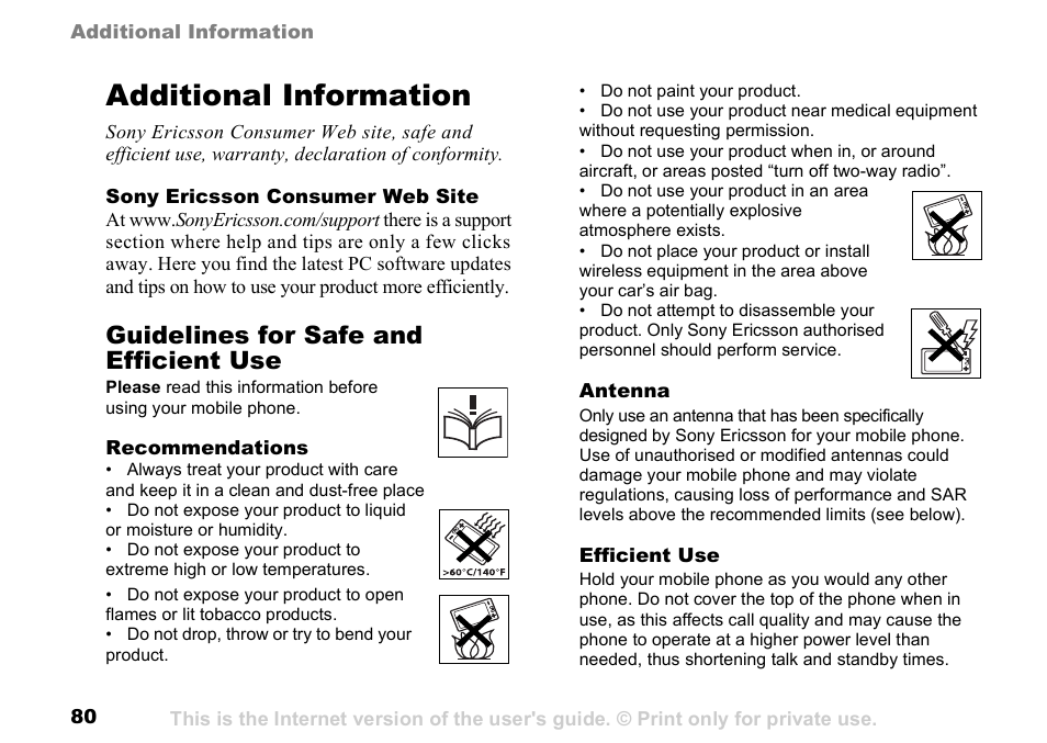 Additional information, Guidelines for safe and efficient use | Sony K500 User Manual | Page 80 / 93