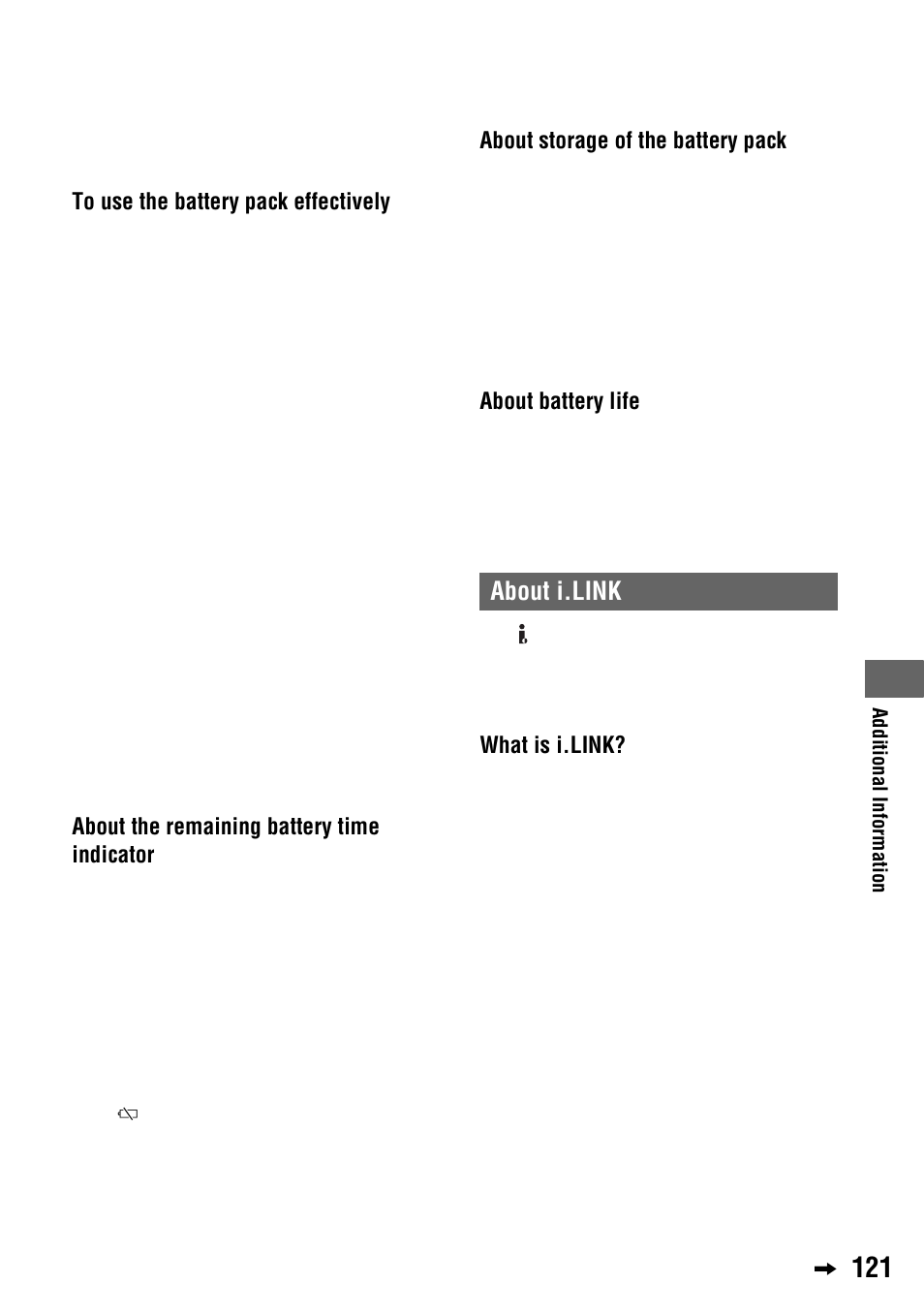 About i.link, About the remaining battery time indicator, About storage of the battery pack | About battery life, What is i.link | Sony 4-114-858-12(1) User Manual | Page 121 / 143