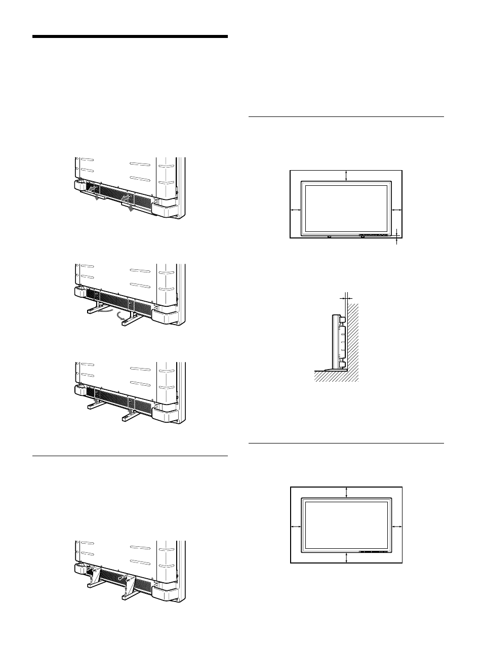Instalaci溶, Uso de los pies replegables, Precauci溶 | Instalación, Precaución, Para fijar los pies replegables en una posición, Si utiliza los pies replegables, Si utiliza el soporte de montaje, Gire los pies replegables hacia fuera, Frontal | Sony 500A3WE User Manual | Page 133 / 244