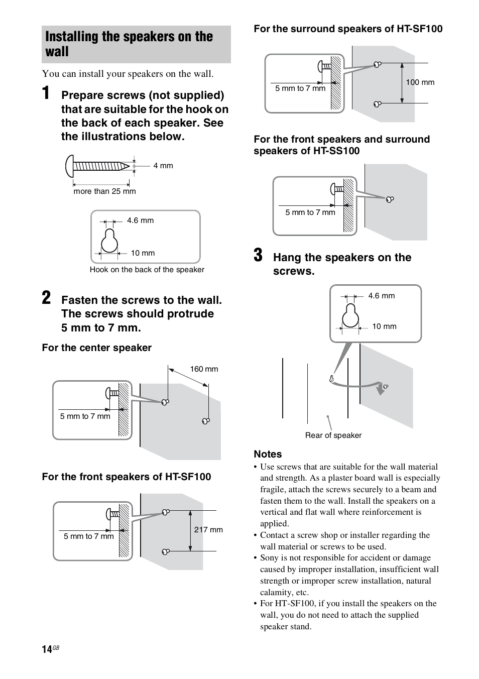 Installing the speakers on the wall | Sony HT-SS100 User Manual | Page 14 / 64