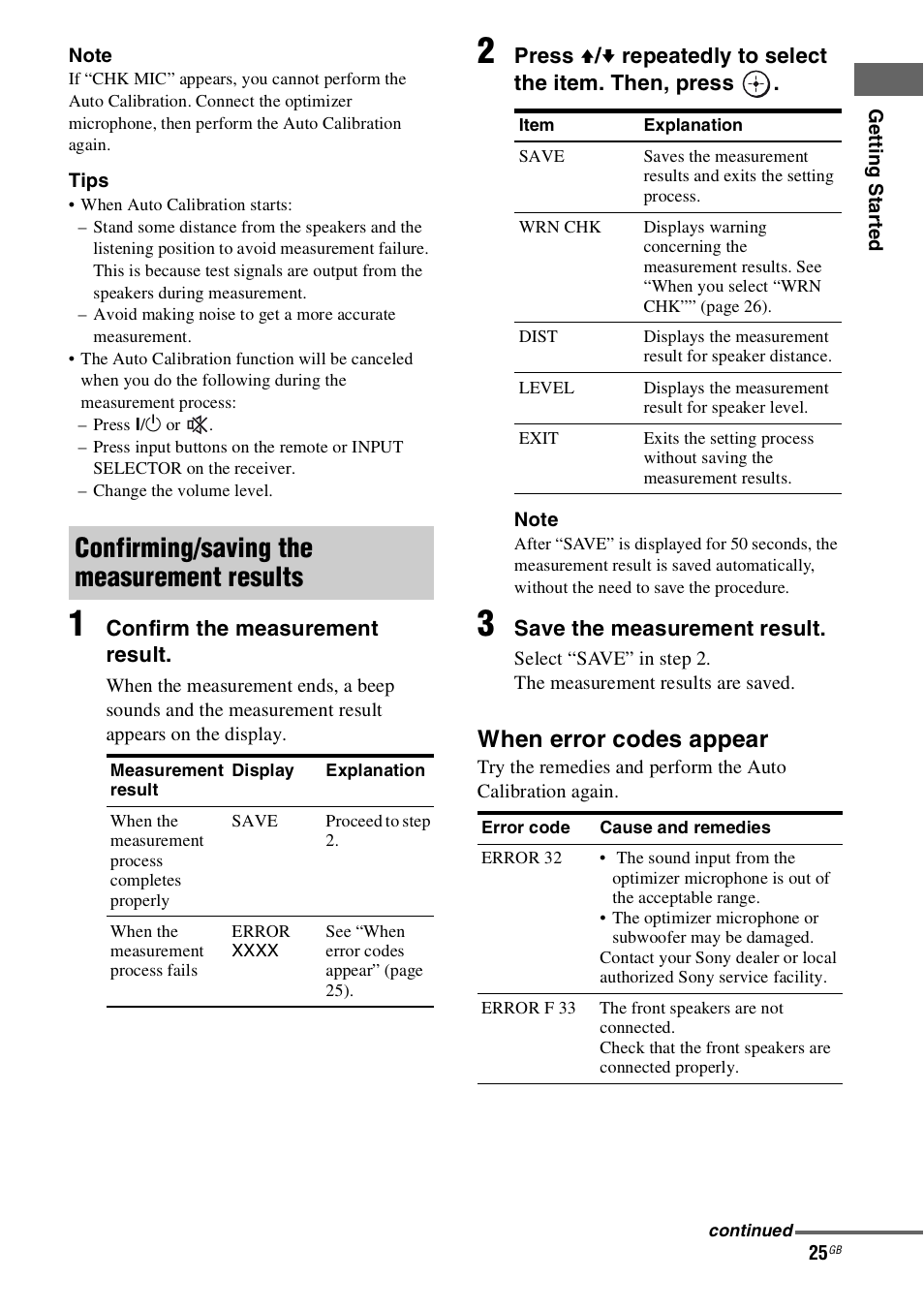 Confirming/saving the measurement results, When error codes appear | Sony HT-SS100 User Manual | Page 25 / 64