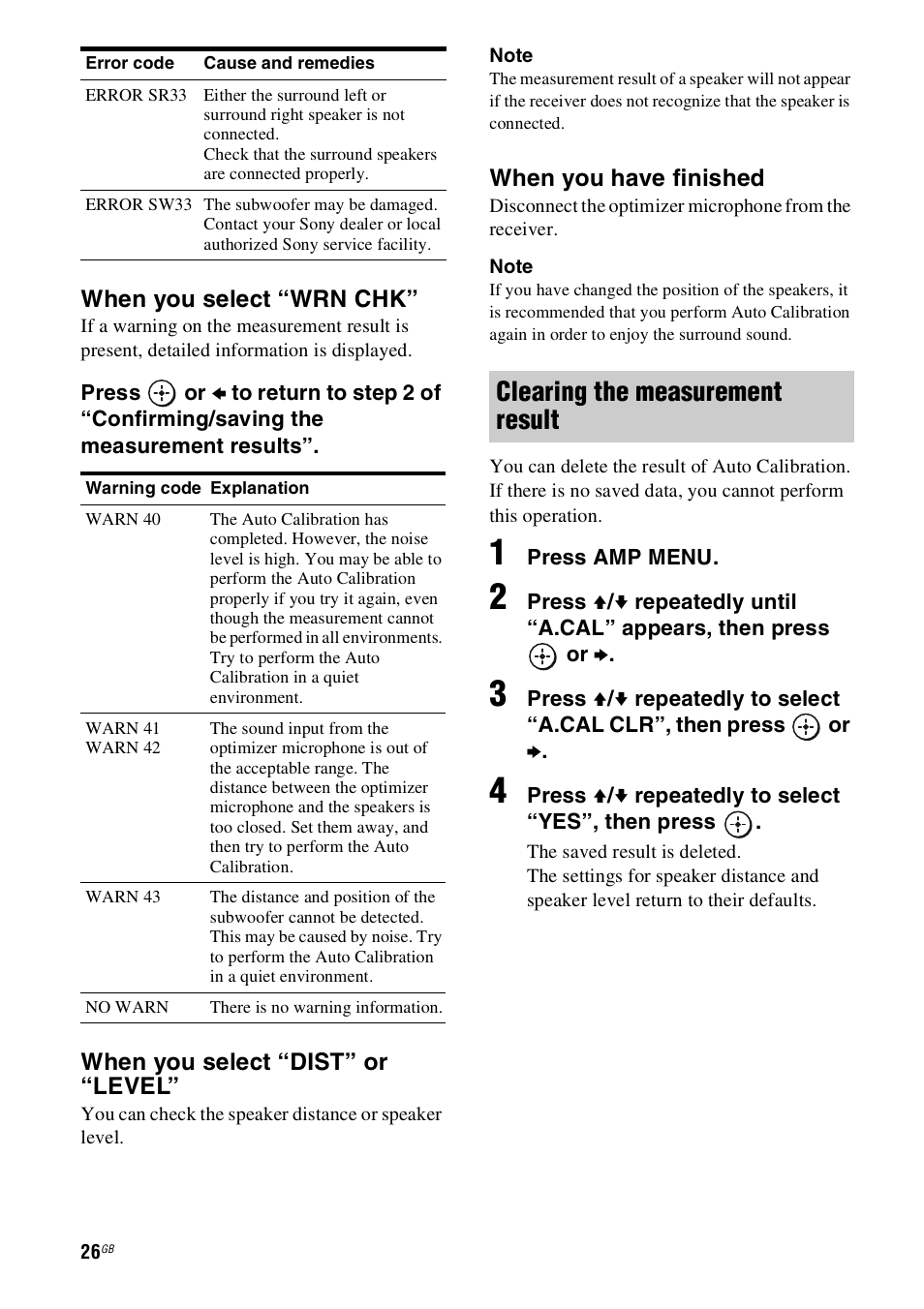 Clearing the measurement result | Sony HT-SS100 User Manual | Page 26 / 64