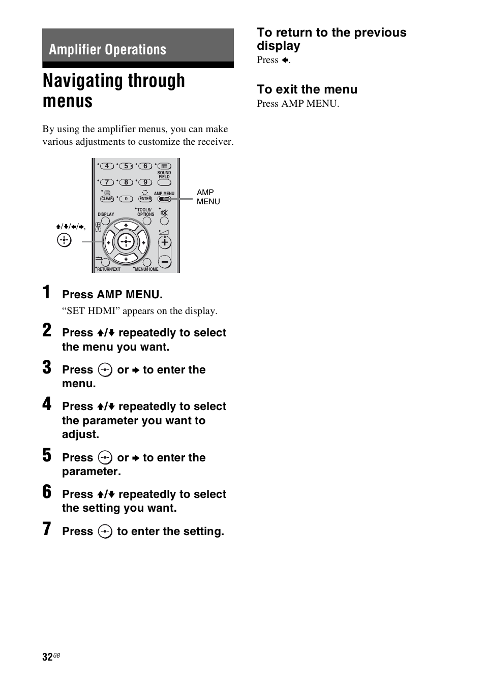 Amplifier operations, Navigating through menus | Sony HT-SS100 User Manual | Page 32 / 64