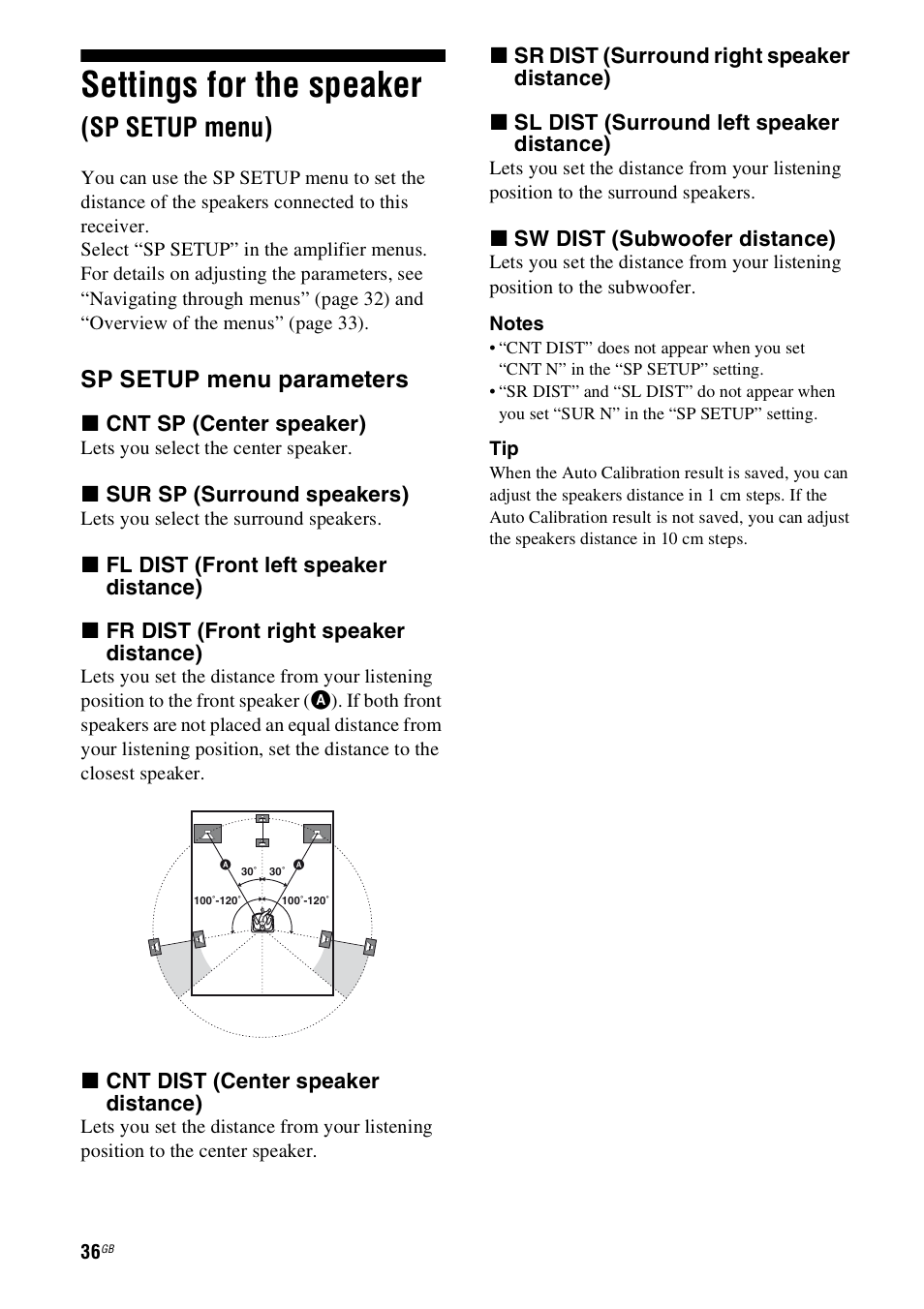Settings for the speaker (sp setup menu), Settings for the speaker, Sp setup menu) | Sp setup menu parameters | Sony HT-SS100 User Manual | Page 36 / 64