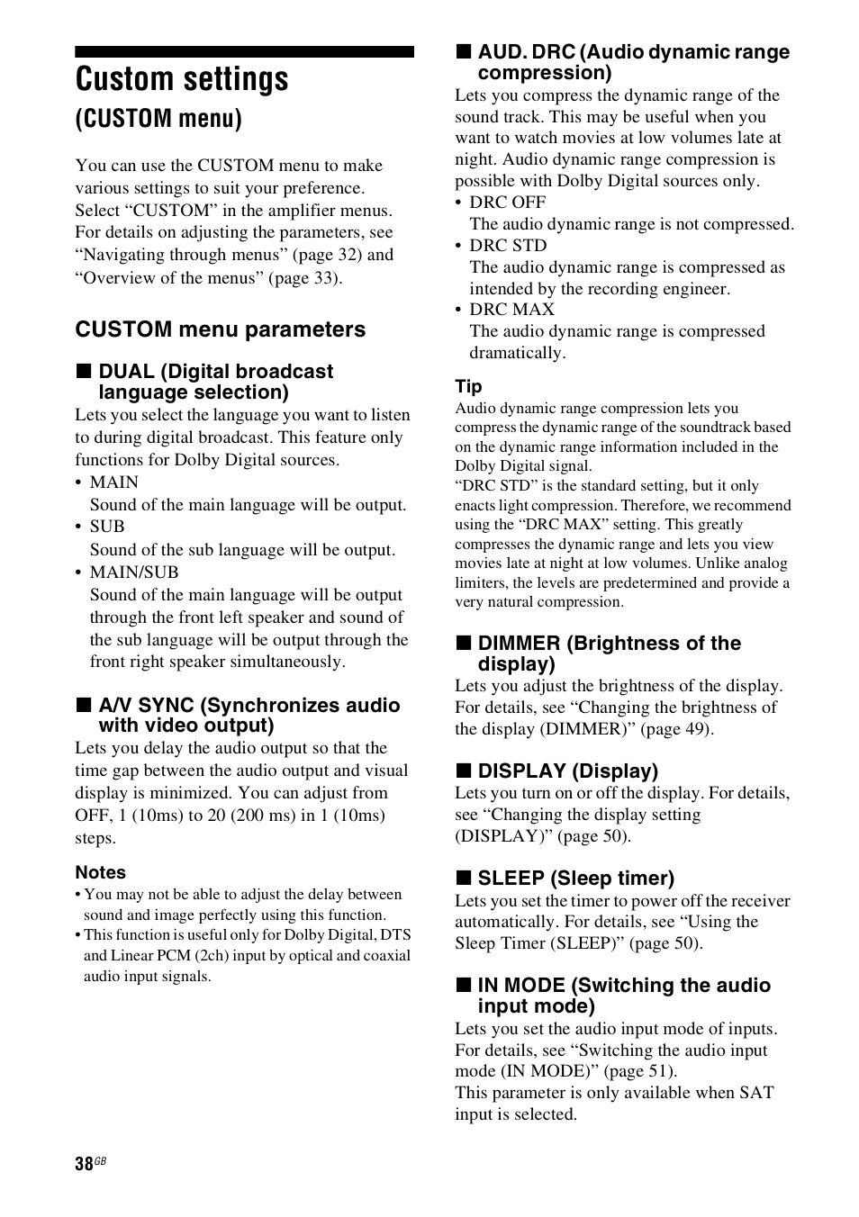 Custom settings (custom menu), Custom settings, Custom menu) | Sony HT-SS100 User Manual | Page 38 / 64
